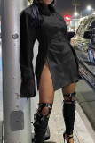 Black Casual Solid Color Buckle Slit Shirt Collar Shirt Dresses