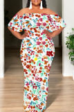 Apricot Casual Print Patchwork Off Shoulder Long Dresses