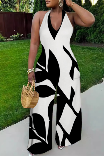 Black And White Casual Print Backless Strap Design Halter Loose Jumpsuits