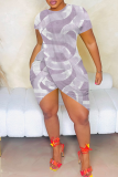 Pink Purple Sexy Print Slit O Neck Irregular Dresses