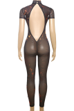 Pink Sexy Print Backless O Neck Skinny Jumpsuits