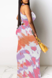 Powder White Casual Print Patchwork O Neck Long Dresses