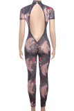 Pink Sexy Print Backless O Neck Skinny Jumpsuits