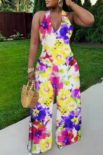 Multi-color Casual Print Backless Strap Design Halter Loose Jumpsuits