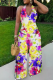 Multi-color Casual Print Backless Strap Design Halter Loose Jumpsuits