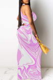 Powder White Casual Print Patchwork O Neck Long Dresses