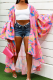 Pink Sexy Print Patchwork Cardigan Collar Plus Size Overcoat
