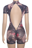 Red Sexy Print Backless O Neck Skinny Rompers