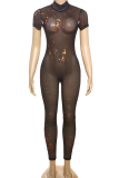 Pink Sexy Print Backless O Neck Skinny Jumpsuits