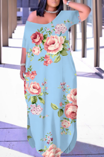 Baby Blue Casual Print Pocket Slit V Neck Long Dresses