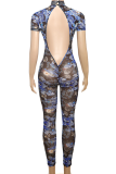 Pink Sexy Print Backless O Neck Skinny Jumpsuits