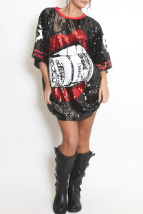 Black Casual Lips Sequins O Neck Straight Dresses