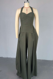 Black Casual Solid Color Backless Strap Design Halter Loose Jumpsuits