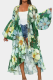 Green Sexy Print Patchwork Cardigan Collar Plus Size Overcoat