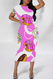 White Casual Print Patchwork O Neck Wrapped Skirt Dresses