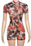 Red Sexy Print Backless O Neck Skinny Rompers