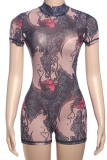 Red Sexy Print Backless O Neck Skinny Rompers