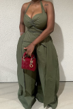 Black Casual Solid Color Backless Strap Design Halter Loose Jumpsuits
