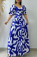 Blue Elegant Print Patchwork V Neck Long Dresses
