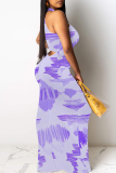 Powder White Casual Print Patchwork O Neck Long Dresses