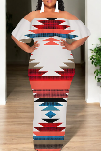 Red Blue Casual Print Patchwork Off Shoulder Long Dresses