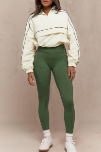 Green Casual Solid Color Zipper Contrast Zipper Collar Long Sleeve Two Pieces