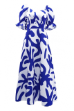 Blue Elegant Print Patchwork V Neck Long Dresses