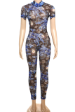 Pink Sexy Print Backless O Neck Skinny Jumpsuits