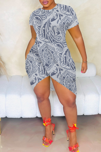Gray Blue Sexy Print Slit O Neck Irregular Dresses