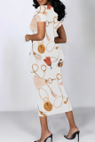 White Casual Print Patchwork O Neck Wrapped Skirt Dresses