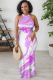 White Purple Casual Print Patchwork O Neck Long Dresses