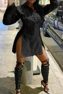 Black Casual Solid Color Buckle Slit Shirt Collar Shirt Dresses