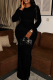 Black Elegant Solid Color Ruched O Neck Long Dresses