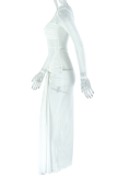 White Elegant Solid Color Ruched O Neck Long Dresses