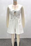 White Sexy Solid Color Hollow Out Cross Straps Asymmetrical Collar Loose Rompers