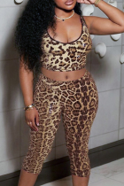 Brown Sexy Leopard Print Sequins Halter Sleeveless Two Pieces