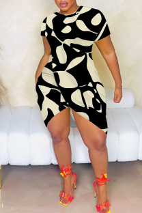 Black khaki Sexy Print Slit O Neck Irregular Dresses