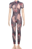 Pink Sexy Print Backless O Neck Skinny Jumpsuits
