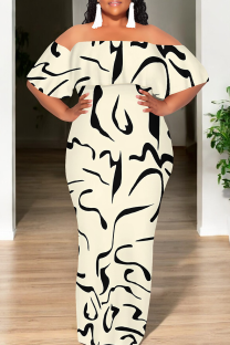 Apricot Casual Print Patchwork Off Shoulder Long Dresses
