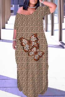 Leopard Print Casual Print Pocket Slit V Neck Long Dresses