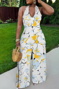 Blue White Casual Print Backless Strap Design Halter Loose Jumpsuits