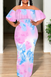 Blue Pink Casual Print Patchwork Off Shoulder Long Dresses