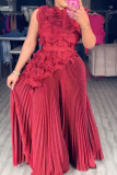 Red Elegant Solid Color Pleated Irregular Hem O Neck Sleeveless Two Pieces