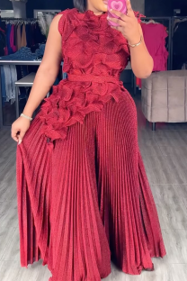 Red Elegant Solid Color Pleated Irregular Hem O Neck Sleeveless Two Pieces