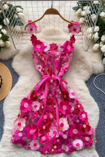 Rose Red Sexy Flowers Strap Design Sling Dresses