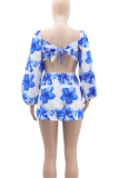 Blue Sexy Print Hollow Out Strap Design Asymmetrical Collar Mini Dresses