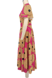 Rose Red Casual Print Patchwork O Neck Long Dresses