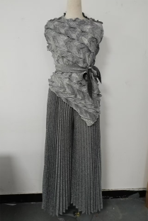 Light Gray Elegant Solid Color Pleated Irregular Hem O Neck Sleeveless Two Pieces