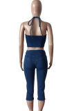 Sky Blue Casual Solid Color Backless Zipper Halter Sleeveless Two Pieces