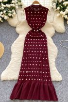 Burgundy Celebrities Hot Drill O Neck One Step Skirt Dresses